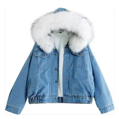 (white, S) Autumn And Winter Denim Plush Jacket Women&apos;s Loose Hooded Thickened Lamb Wool Co