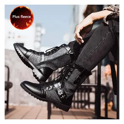 (matte black, 44) Men&apos;s Mid-boots Plus Velvet Warm Leather Boots Tooling Shoes Mid-high Men