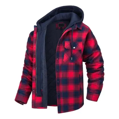 (red, XL) Men&apos;s Autumn/winter Long Sleeve Lapel Plaid Hooded Thickened Shirt Jacket