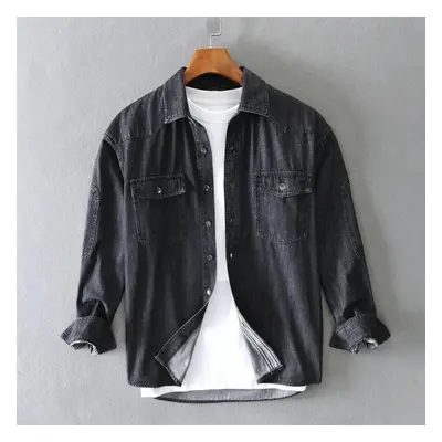 (black, L) Japanese Style Long Sleeve Blue Denim Shirt Men Spring Autumn Streetwear Trending Men