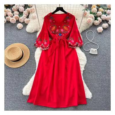 (red, One Size) Women Summer Dress With New Minority Retro National Wind Heavy Industry Embroide