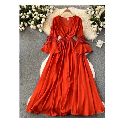 (orange, One Size) Spring Autumn New Fahison Candy Color Long Dress Women Elegant V-neck Flare S