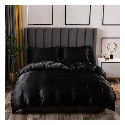 (black, 220*240cm) Bed Sheets Luxury Satin Imitation Silk Bedding 3-piece Set Soft Duvet Cover Q