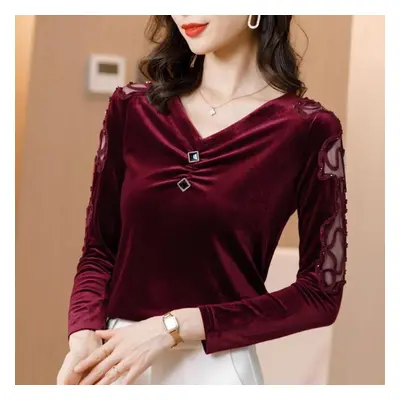 (red, M) Ladies Blouse Pleuche Top Women&apos;s Autumn And Spring Lace Hollow Out V-neck Long Sl