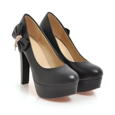 (black, 34) Women Pu Leather Pumps Platform Super High Hoof Heels Round Toe Bow Sweet Party Spri