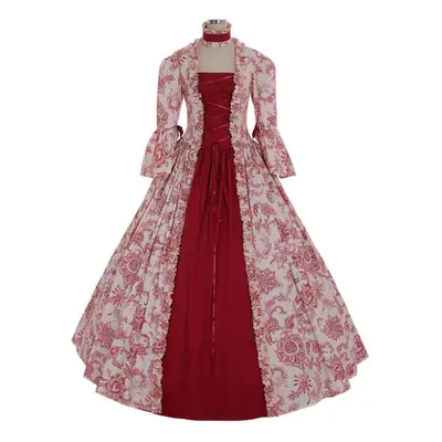 (red, XXL) Printed Temperament Palace Evening Dress With Large Flare Sleeves Dress