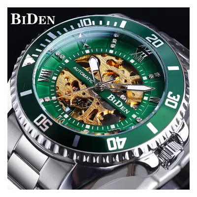 BIDEN Green Skeleton Dial Diamond Automatic Watch Waterproof Stainless Steel Luminous Hand Men B