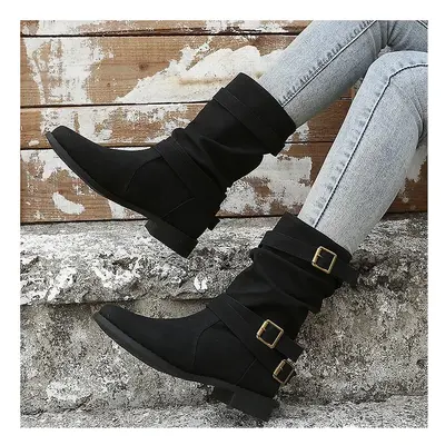 (Black, 40) Women Autumn Winter Short Boots Ladies Mid Calf Low Heels Buckle Boots