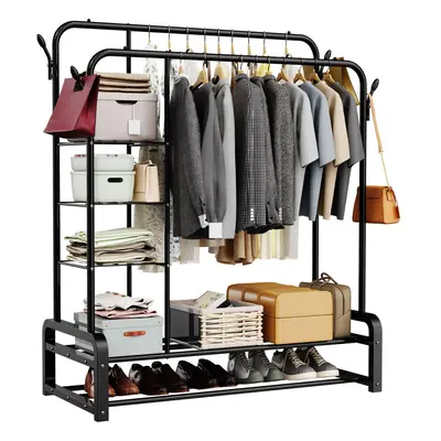 Clothes Rail with Hooks and Storage Shelves, Heavy Duty Clothes Rack, Black Clothes Rails for Be