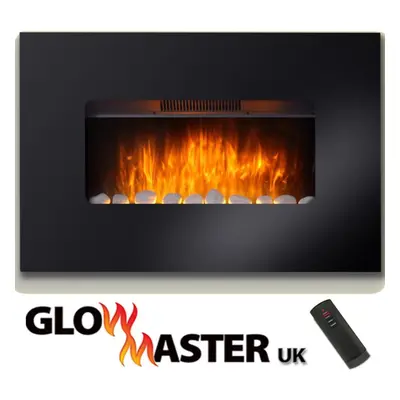 Wall Mounted Electric Fire Slim Fireplace Black Glass Remote Control Living Room