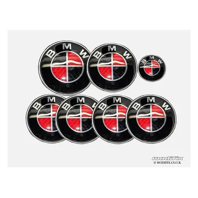 modifix_co_uk BMW BLACK RED Emblem Badge 7pcs Set: Front + Rear + Centre Caps + Decal