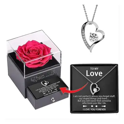 (silver) Forever Red Rose Gift Box With Necklace Real Eternal Rose Heart Necklace,enchanted Rose