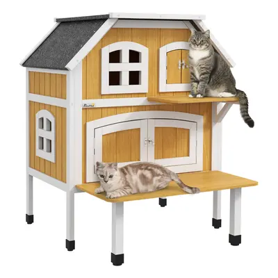 PawHut Outdoor Cat House Cat Shelter w/ Openable Asphalt Roof, Escape Doors