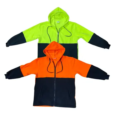 (Orange/Navy, XL) Full Zip Hi Vis Polar Fleece Hoodie Jumper Safety Workwear Fleecy Jacket Unise