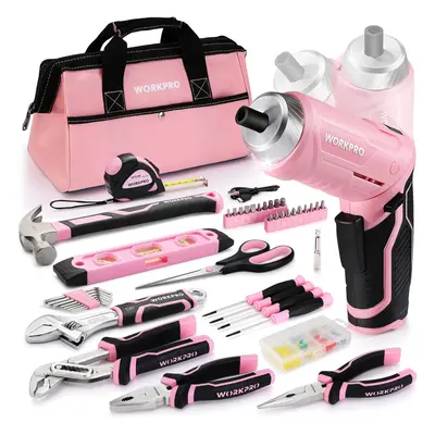 74-Piece Tool Set with Cordless 3.7V Screwdriver, Pink Tool Kit with Carrying Bag, Tool Kit for 