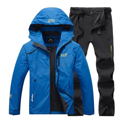 (Blue, 6XL) Men Fishing Suit Set Hooded Jacket And Pants Outdoor Hiking Camping Sports Suit