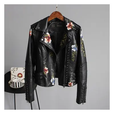 (black, L) Women Floral Print Embroidery Faux Leather Jacket Coat Motorcycle Black Punk Outerwea