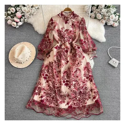 (red, XXL) High Quality Spring Summer Women Embroidery Mesh Dress Festa Luxury Long Elegant Wedd