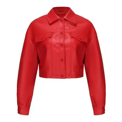 (red, XL) Women's Jackets Faux Leather Long Sleeves Single Breasted Crop Top Punk Jacket Short M