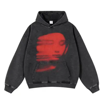 (as the picture, S) Streetwear Retro Red Face Graphic Unisex Washed Black Oversized Unisex Long 