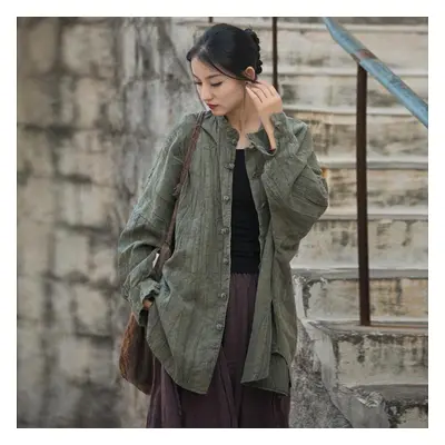 (dark green, One Size) Johnature Women Vintage Ramie Shirt Jackets Stand Long Sleeve High Qualit