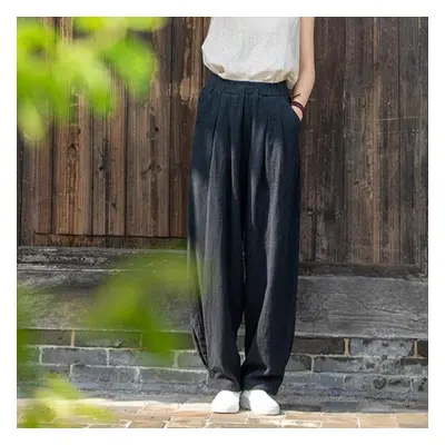 (black, One Size) Johnature Women Loose Cotton Linen Casual Pants Solid Color Elastic Waist Lant