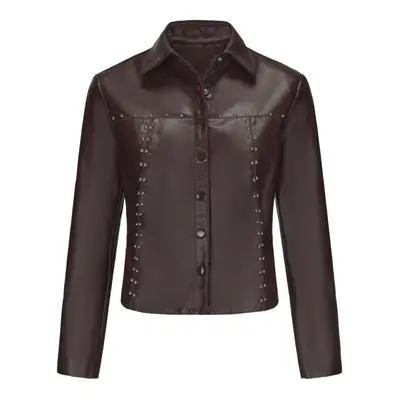 (brown, M) Women's Rivet Jackets Faux Leather Lapel Button Up Long Sleeves Jacket Punk Rock Styl