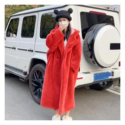 (red, 5XL) Oversized Faux Fur Coat Women Winter Long Plush Jacket Fluffy Overcoat Female Hooded 