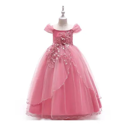 (dark pink, 140CM) Summer Lace Wedding Girls Dress Prom Gowns Party Bridesmaid Princess Kids Dre