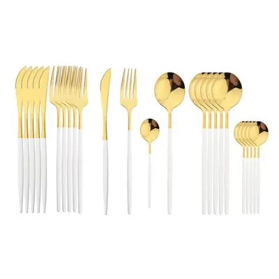 (white,gold, 24pcs) 24pcs Black Handle Golden Cutlery Set Stainless Steel Knife Fork Spoon Table