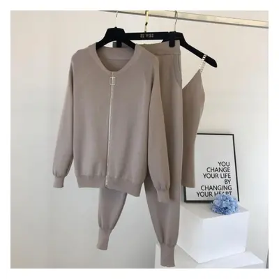 (khaki, One Size) Women Knitted Piece Set Fall Winter New Casual Tracksuit Knitted Vest Zipper C