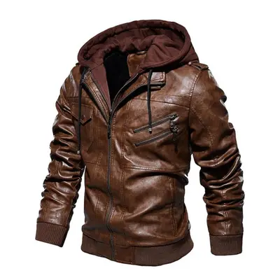 (coffee, XXXL) Folklore Men &apos;s Warm Casual Hooded Leather Jacket In Autumn And Winter Fashi