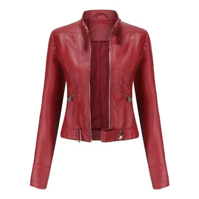 (wine red, 3XL) Leather Jacket Women&apos;s Short Small Jacket Spring And Autumn Stand Collar La