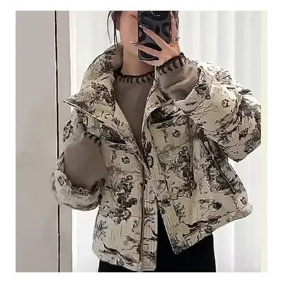 (as the picture, XL) Vintage Print Thicken Winter Jackets Female Casual Outwear Puffy Down Cotto