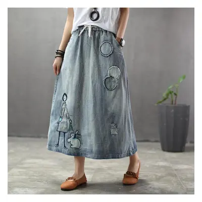 (light blue, L) Plus Size Cartoon Embroidery Denim Skirts Women Vintage Art Ripped Oversized Fem