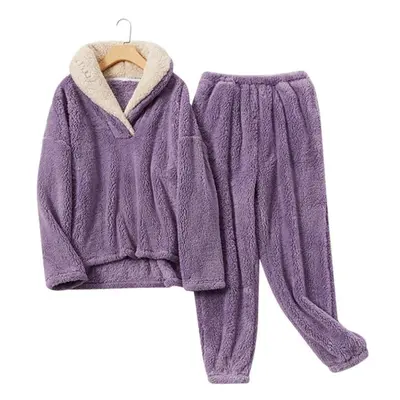 (purple, XXL) Autumn Winter Pajamas Set Women Loungewear Fleece Sleepwear Home Suits Homewear La