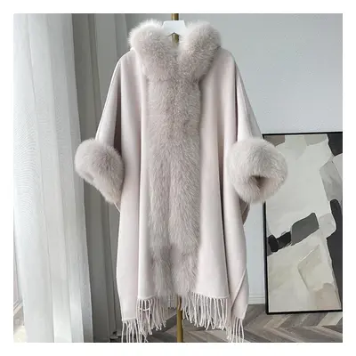 (ivory, One Size) Cape Shawl Coat Autumn Winter Women&apos;s Fringe Retro Large Fur Collar Knitt