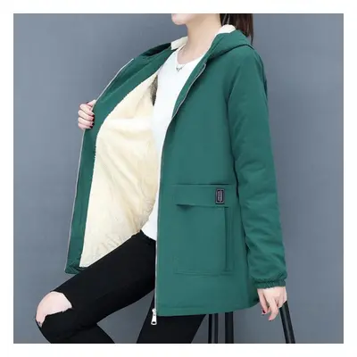 (dark green, XXXXL) Ladies Autumn And Winter Plus Velvet Thickened Large Size Padded Jacket Outd