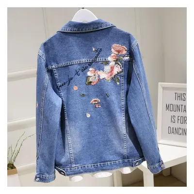 (as the picture, XL) Spring Autumn Women&apos;s Denim Jacket Wild Embroidery Oversized Coat Jean