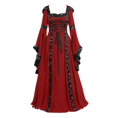 (red, M) Women&apos;s Fashion European And American Medieval Retro Hooded Dress Square Neck Lace