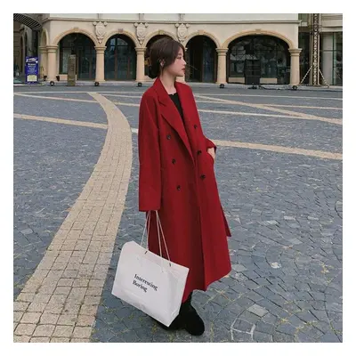 (red, S) Autumn Winter Single-breasted Woolen Coat Vintage Female Long Korean Fashion Long Jacke