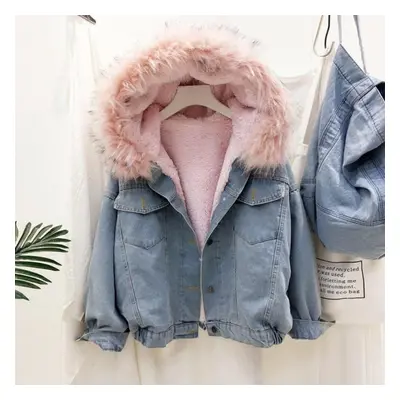 (pink, XL) Velvet Thick Denim Jacket Female Winter Big Faux Fur Collar Korea Denim Coat Female S