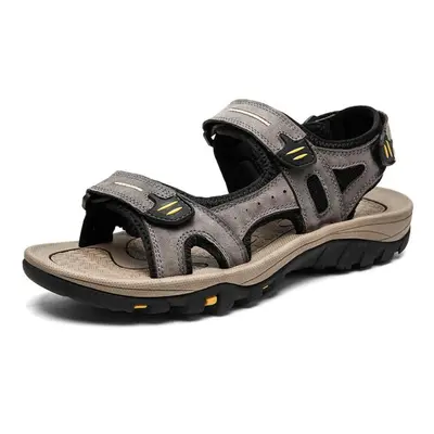 (light coffee, 41) Large Size Genuine Leather Men Sandals Summer Men Beach Sandals Outdoor Sanda