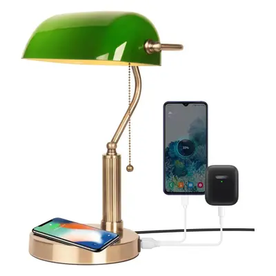 (Green-wireless Charging-update) Green Glass Banker Lamp, Classic Vintage LED Table Lamp with Wi