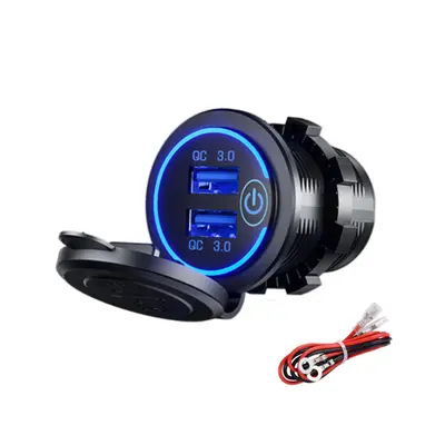 (Blue) 12-24V Touch Switch Fast Charger Socket Voltmeter Dual USB LED Digital Display Voltage