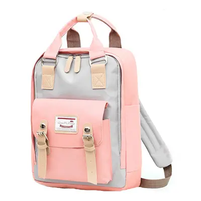 (Pink+Grey) USB Backpack Student School Bag Waterproof Shoulder Bag Camping Travel