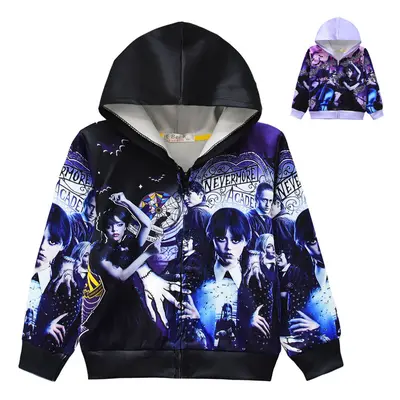 (Black, 6-7Years) Kids Girls Wednesday The Addams Family Zip Hooded Jacket Hoodie Sweatshirt Lon