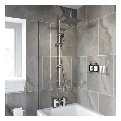 Bathroom Square Shower Mixer Waterfall Tap Kit Riser Rail Hose Chrome Twin Heads