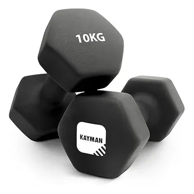 KAYMAN Neoprene 10kg Dumbbells with Anti-Slip Grip,Hex Edges