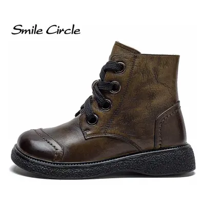 (tan, 38) Genuine Leather Women Boots Lace Up Side Zipper Ankle Boots Vintage Fashion Casual Sho